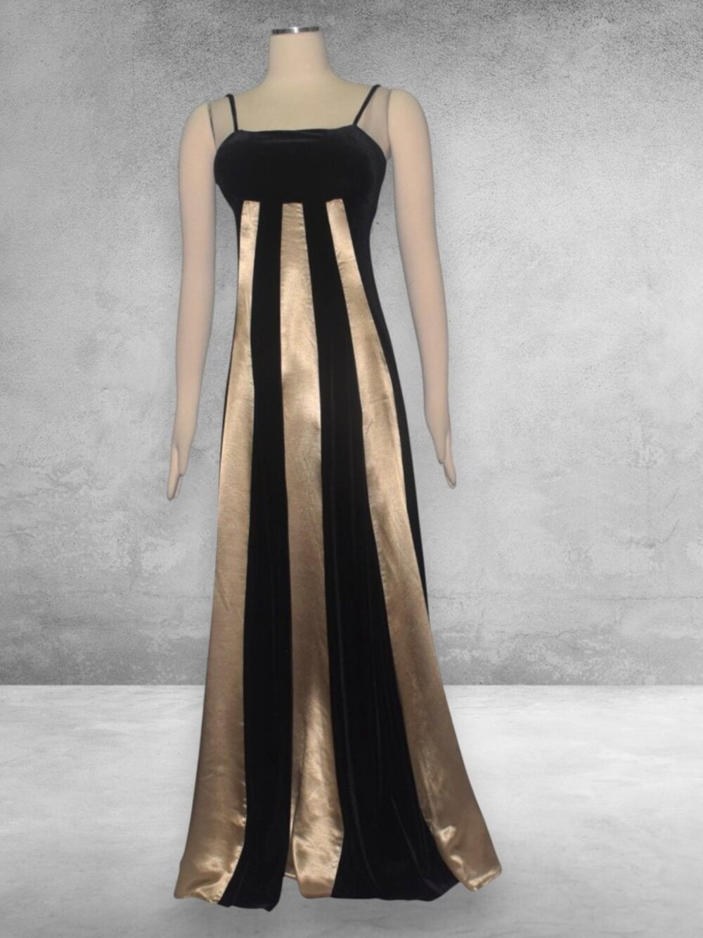 Vintage 90s Y2K High Drama Black Velvet Gold Panel Maxi Dress Stretch Formal S M